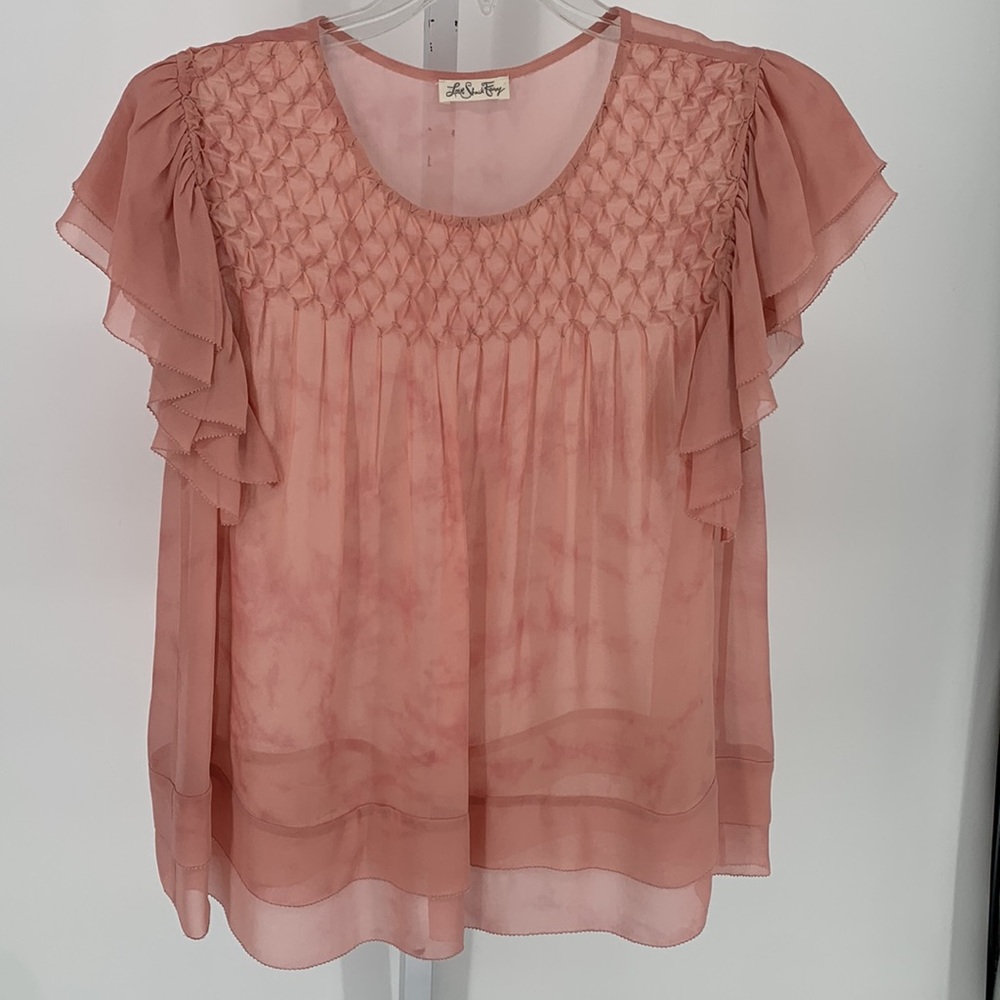 Love Shack Fancy Pink Billowing Blouse with pintuck Neckline. Sz MED